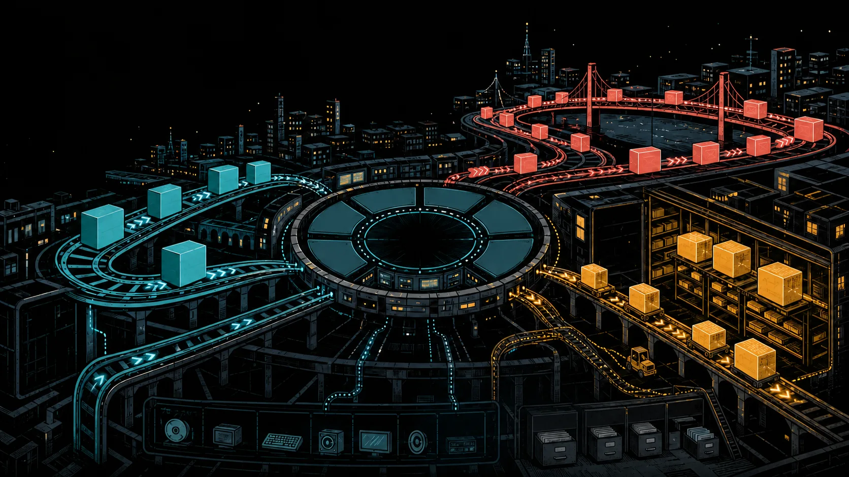 Linuxカーネルを中心に、プロセス、メモリ、ネットワークが行き交う都市の図